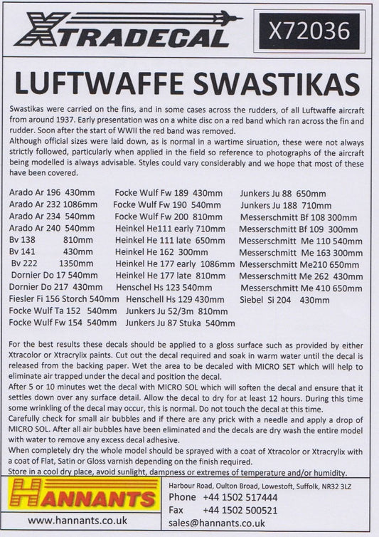 Xtradecal X72036 1/72 Luftwaffe Swastikas Model Decals - SGS Model Store