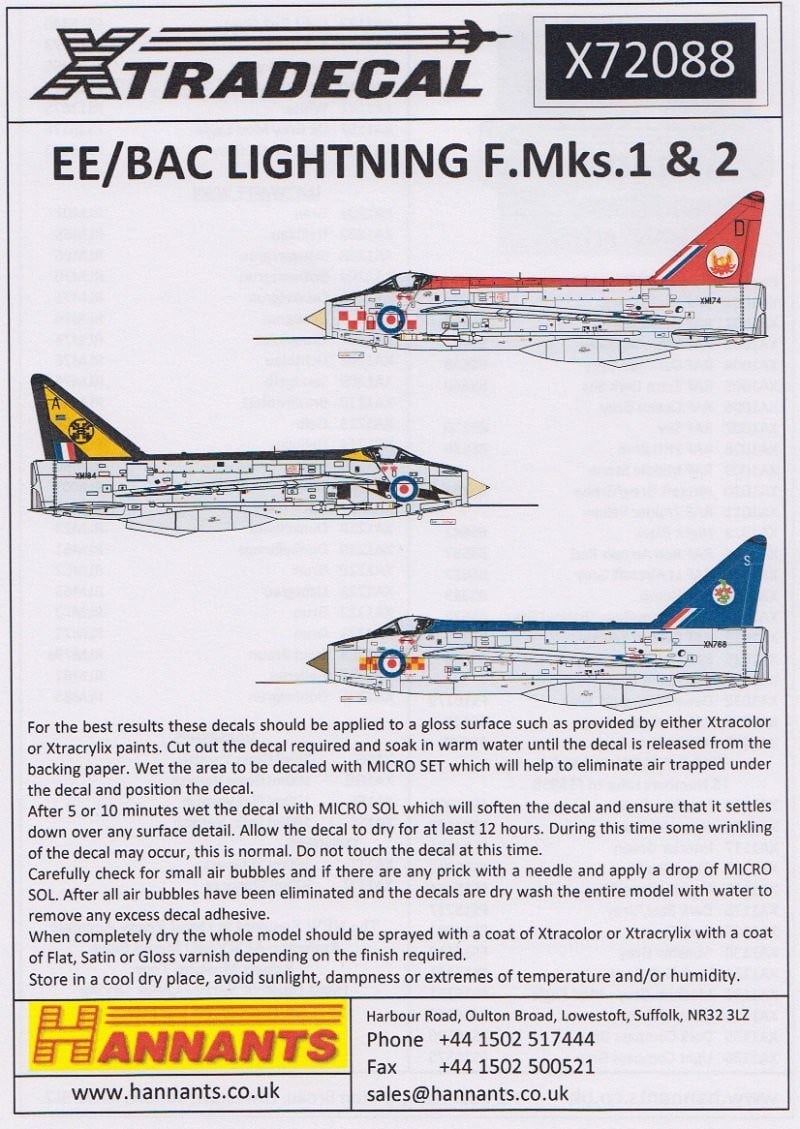 Xtradecal X72088 1/72 BAC/EE Lightning F.1A/F.2 Model Decals - SGS Model Store