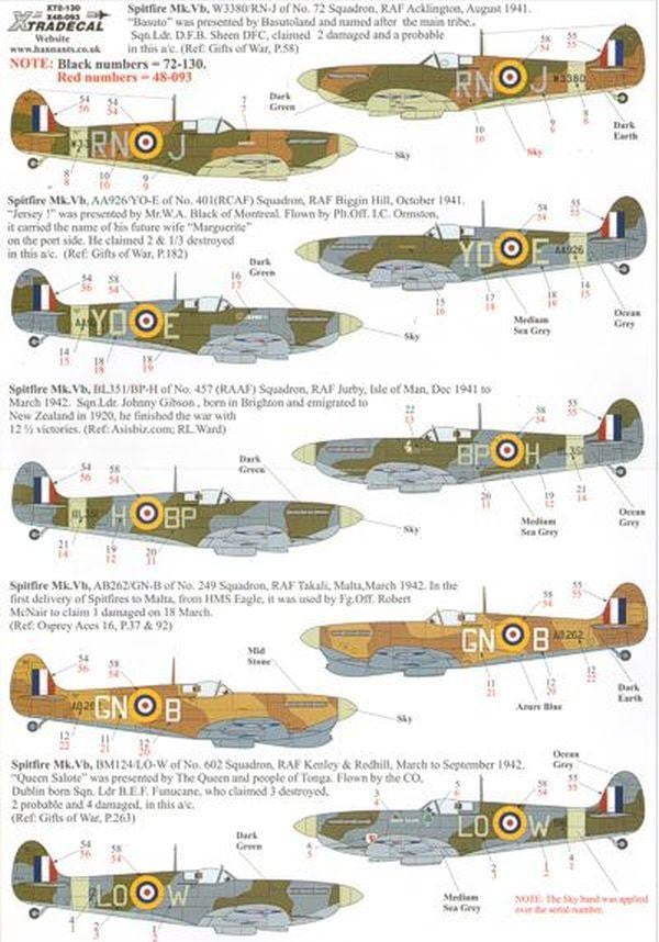 Xtradecal X72130 1/72 Supermarine Spitfire Mk.Vb Model Decals - SGS Model Store