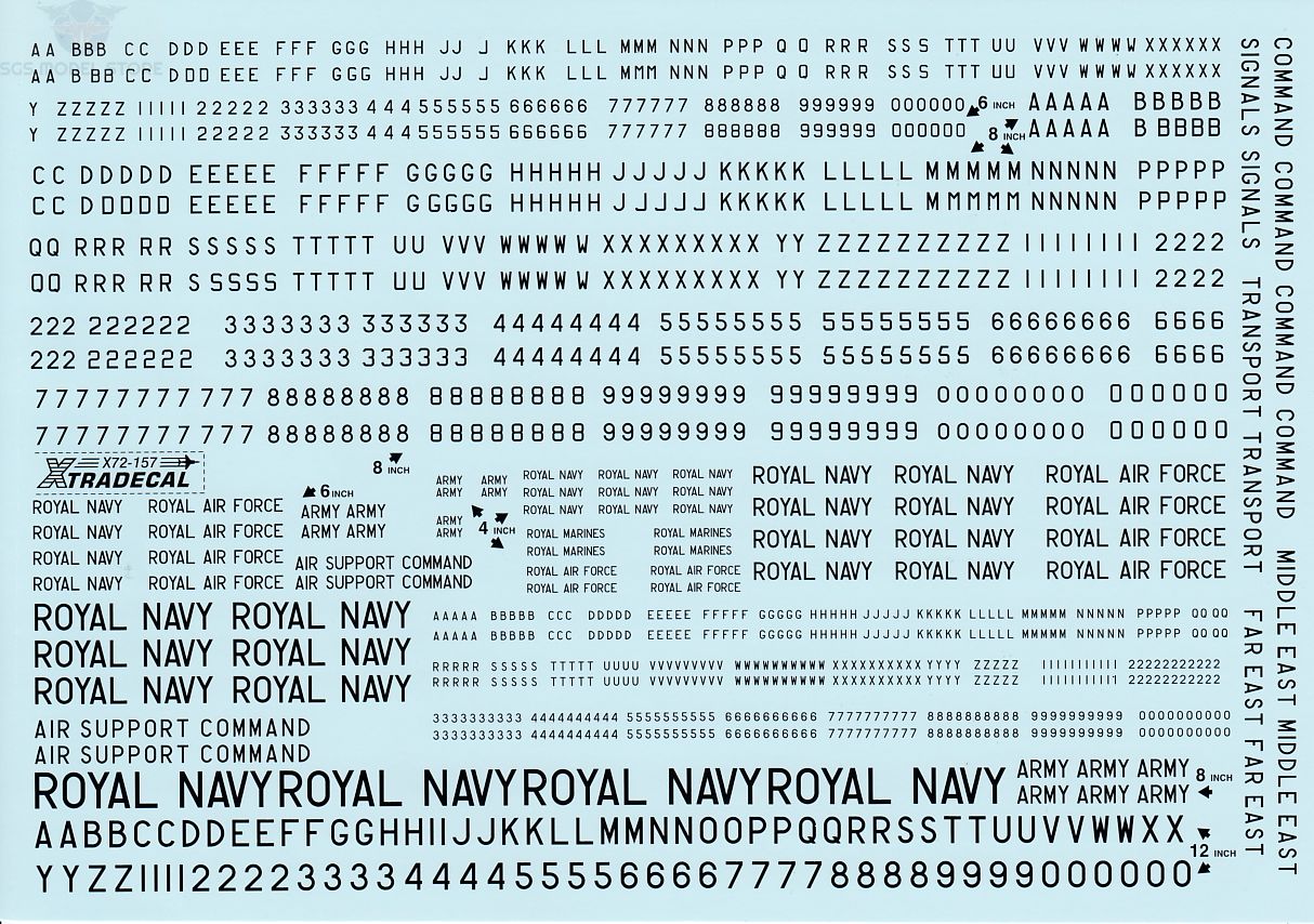 Xtradecal X72157 RAF 4, 6, 8 and 12 inch Black Letters, Numerals and Titles 1/72