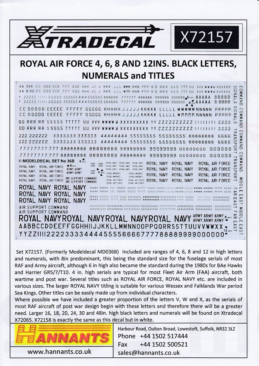 Xtradecal X72157 RAF 4, 6, 8 and 12 inch Black Letters, Numerals and Titles 1/72