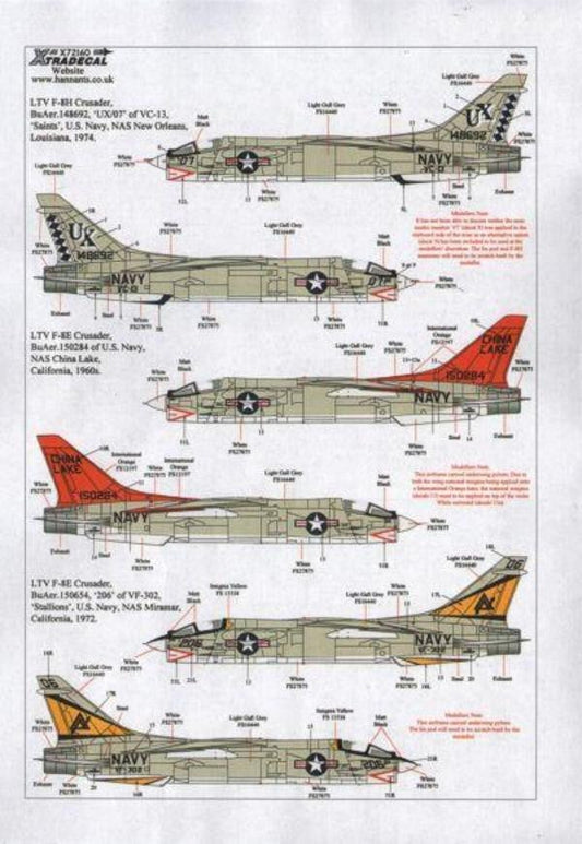 Xtradecal X72160 1/72 Vought F-8E/F-8H/F-8J Crusader Model Decals - SGS Model Store