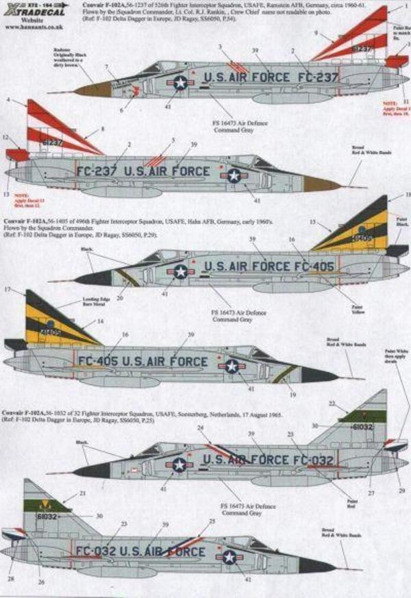 Xtradecal X72164 1/72 Convair F-102A Delta Dagger USAFE Pt 1 Model Decals - SGS Model Store