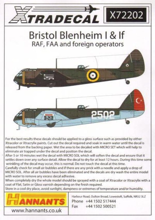 Xtradecal X72202 1/72 Bristol Blenheim Mk.I & Mk.If Model Decals - SGS Model Store