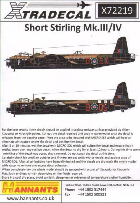 Xtradecal X72219 1/72 Shorts Stirling Mk.III and Mk.IV Model Decals - SGS Model Store