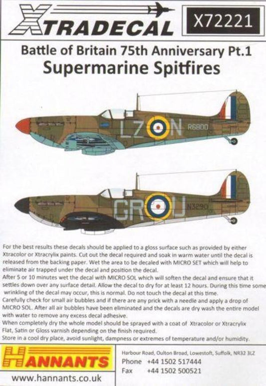Xtradecal X72221 1/72 Spitfire Mk.Ia Battle of Britain 1940 Pt.1 Model Decals - SGS Model Store
