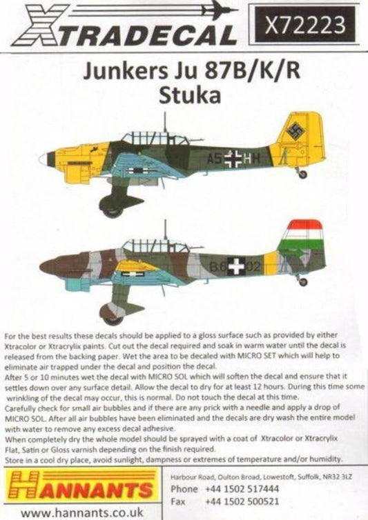 Xtradecal X72223 1/72 Junkers Ju 87B-1 /K/R Stuka Model Decals - SGS Model Store