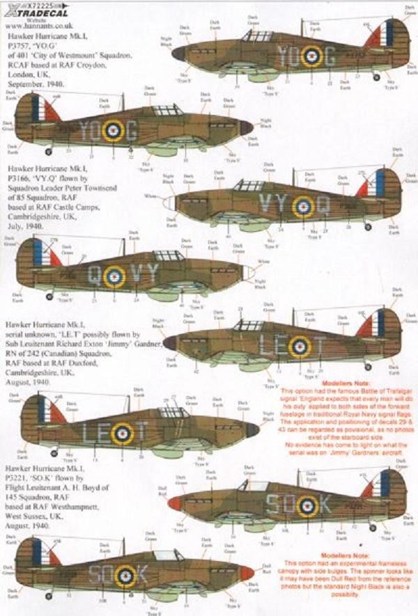 Xtradecal X72225 1/72 Hurricane Mk.I Battle of Britain 1940 Pt.2 Model Decals - SGS Model Store