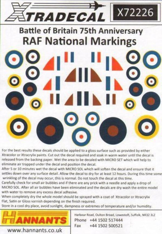 Xtradecal X72226 1/72 Battle of Britain RAF National Markings Model Decals - SGS Model Store