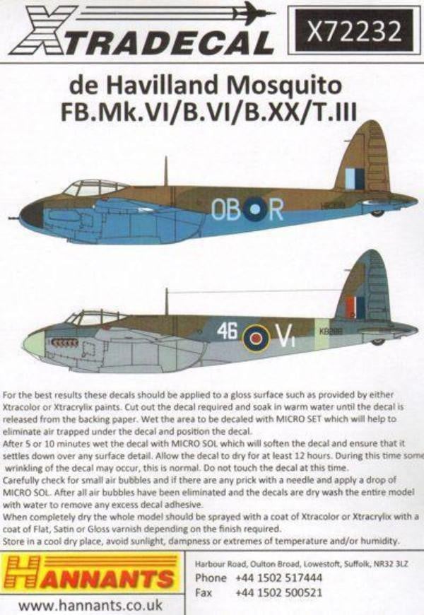Xtradecal X72232 1/72 de Havilland Mosquito T.III B.IV, FB.VI, B.XX Model Decals - SGS Model Store