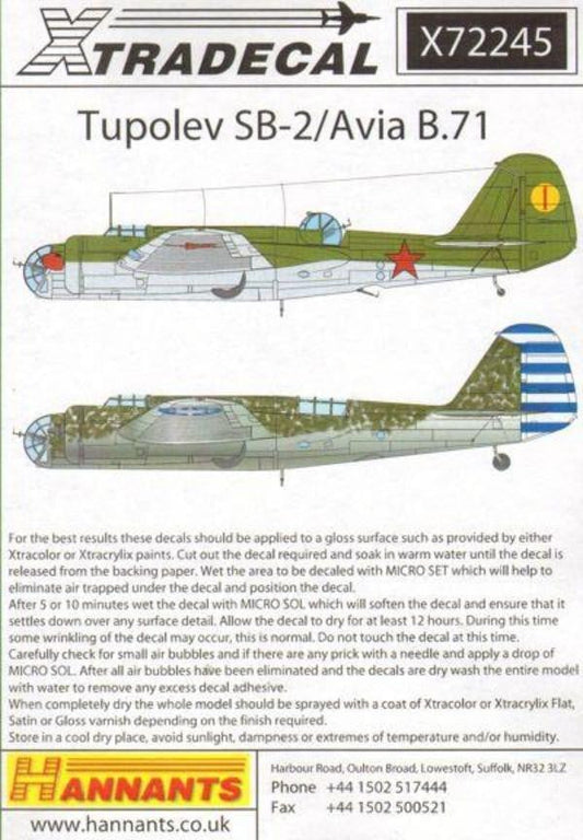 Xtradecal X72245 1/72 Tupolev SB-2/Avia B.71 Model Decals - SGS Model Store