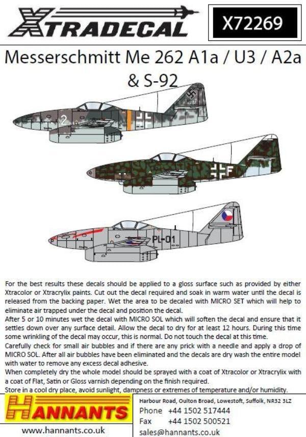 Xtradecal X72269 1/72 Messerschmitt Me-262 Model Decals - SGS Model Store