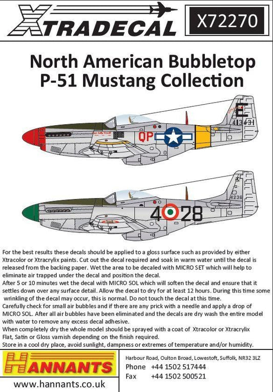Xtradecal X72270 1/72 North American Bubbletop P-51 Mustang  Model Decals - SGS Model Store
