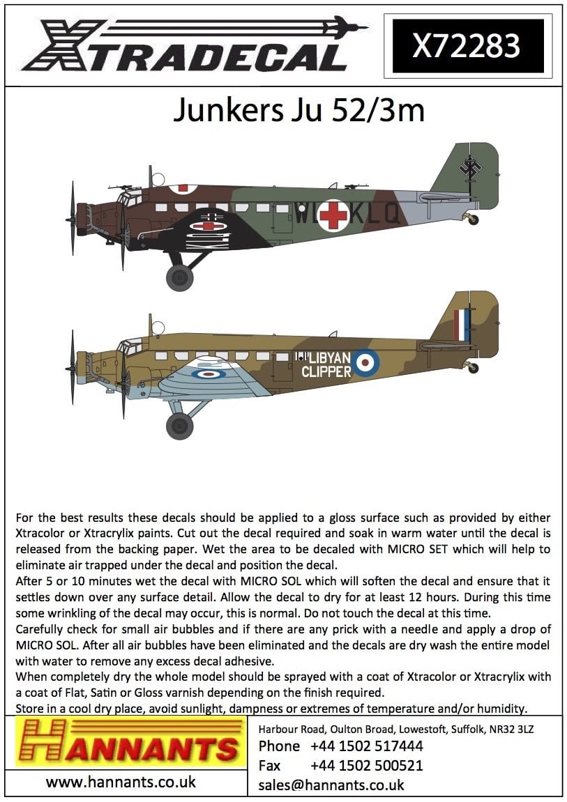 Xtradecal X72283 1/72 Junkers Ju-52/3m Model Decals - SGS Model Store