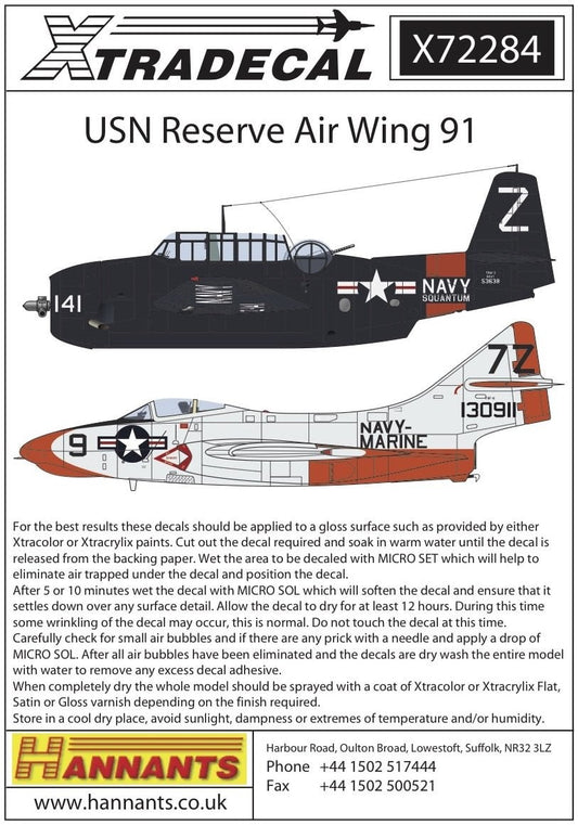Xtradecal X72284 1/72 USN Reserve Air Wing 91 Model Decals - SGS Model Store