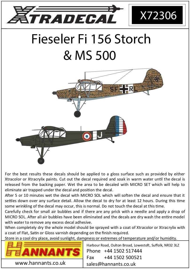 Xtradecal X72306 1/72 Fieseler Fi-156C-3 Storch Model Decals - SGS Model Store