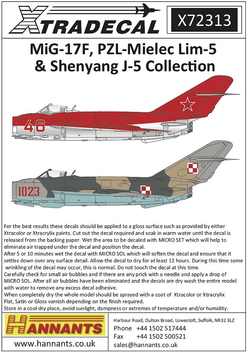 Xtradecal X72313 1/72 MiG-17F, Lim-5 & Shenyang J-5 Collection Model Decals