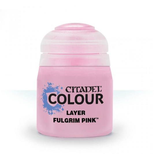 A 12ml bottle of Citadel Layer paint in the color 'Fulgrim Pink' for painting miniatures.