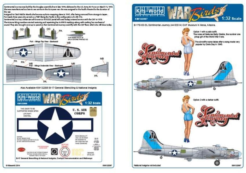 Kits-World KW132097 1/32 Boeing B-17G Sentimental Journey Model Decals - SGS Model Store