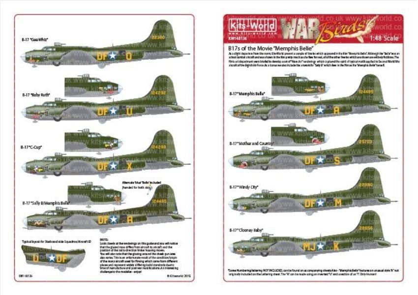 Kits-World KW148136 1/48 B17F/G Fortress - 'Memphis Belle/Sally B' Model Decals - SGS Model Store